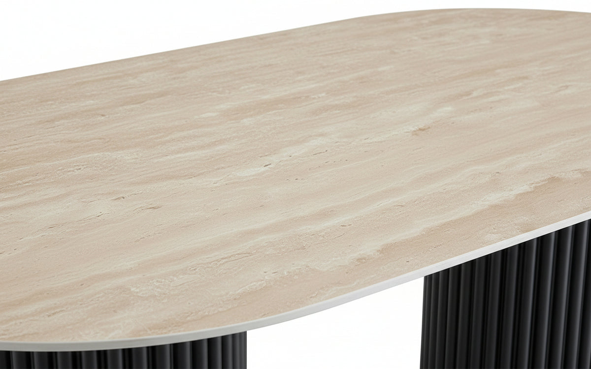 Table à Manger Ovale Céramique Beige Pieds Métal Noir - 180x90x75 cm – KEYSHA