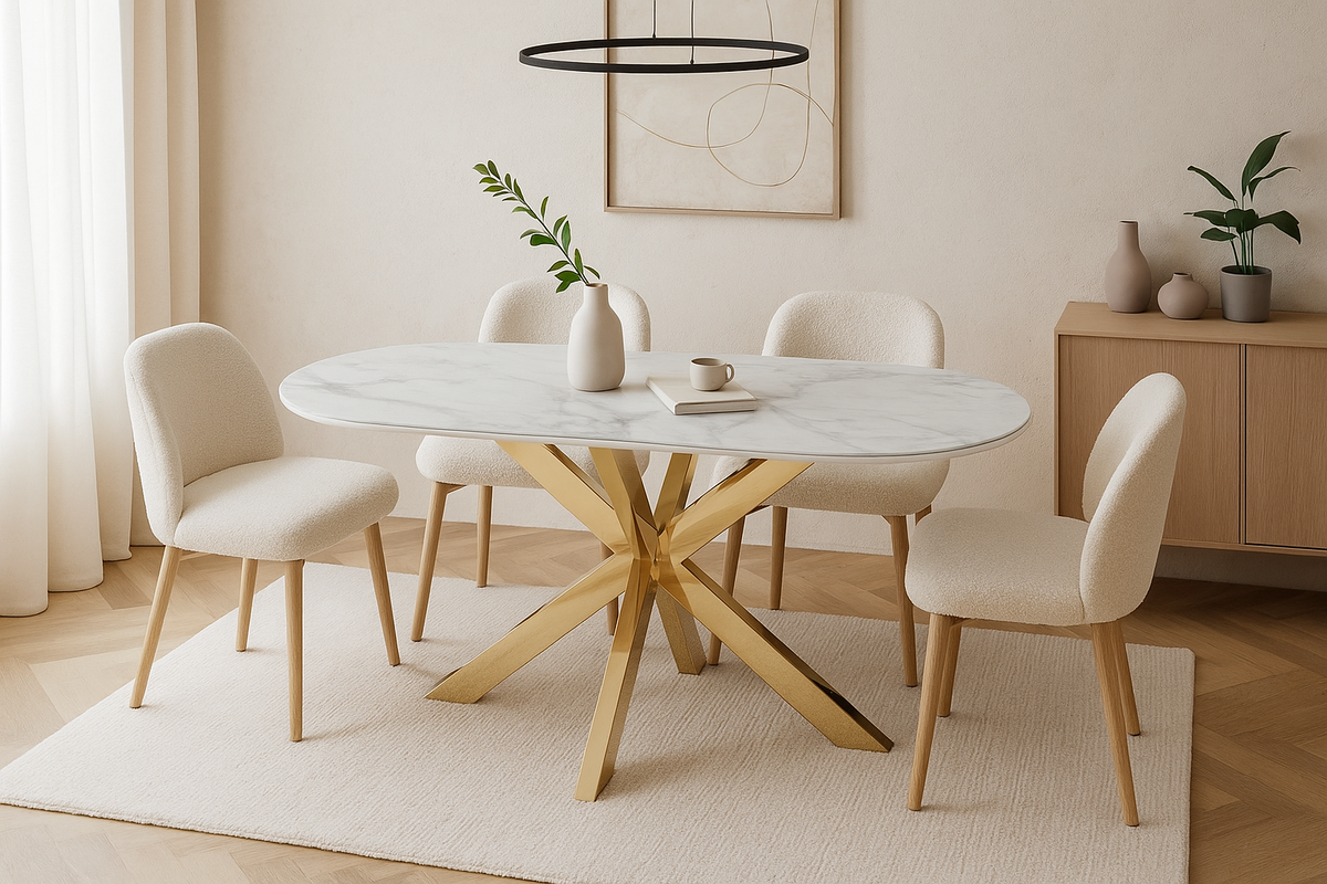 Table à Manger MANON – 200x90 cm – Céramique Marbre Blanc & Pied Gold