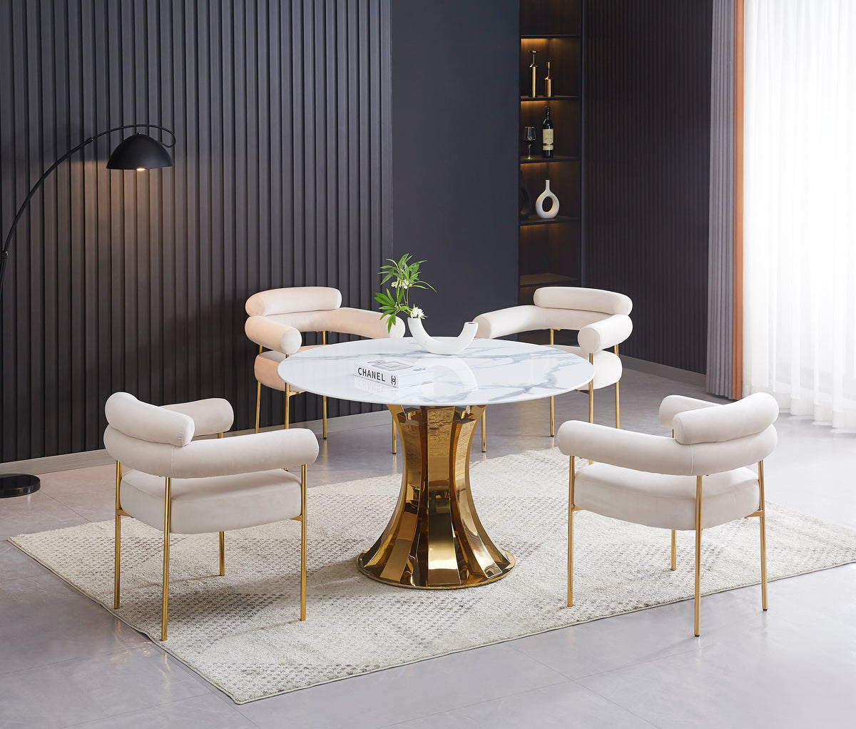 Chaise BULLE Velours Pieds Gold avec Accoudoirs #couleur_beige