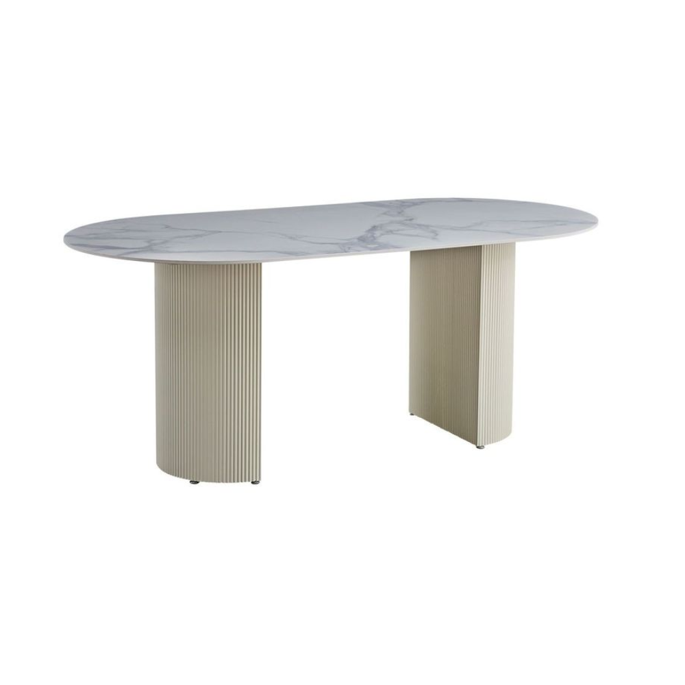 Table à manger ANNA plateau en céramique marbré blanc L 180 cm