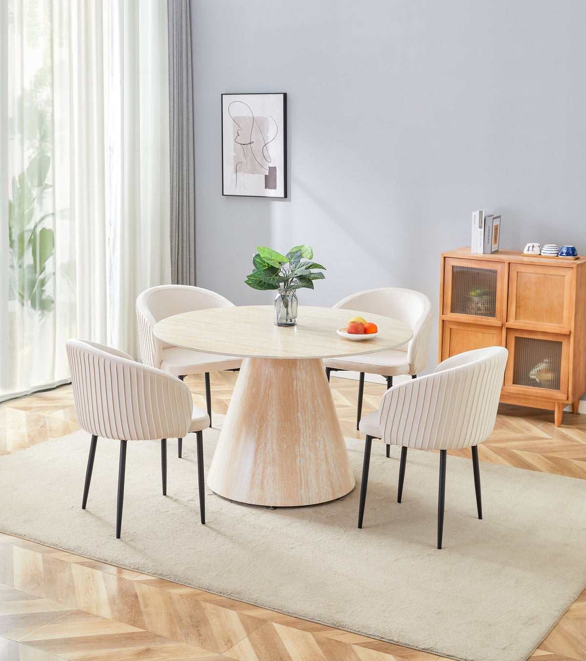 Table repas ROSALIA ronde 120 cm – effet travertin & céramique