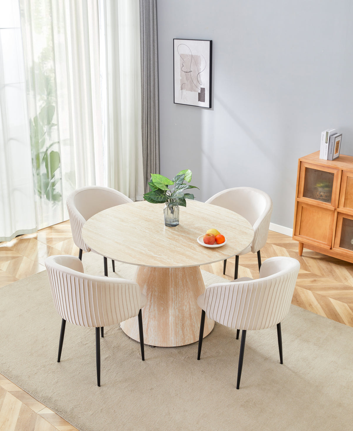 Table repas ROSALIA ronde 120 cm – effet travertin & céramique