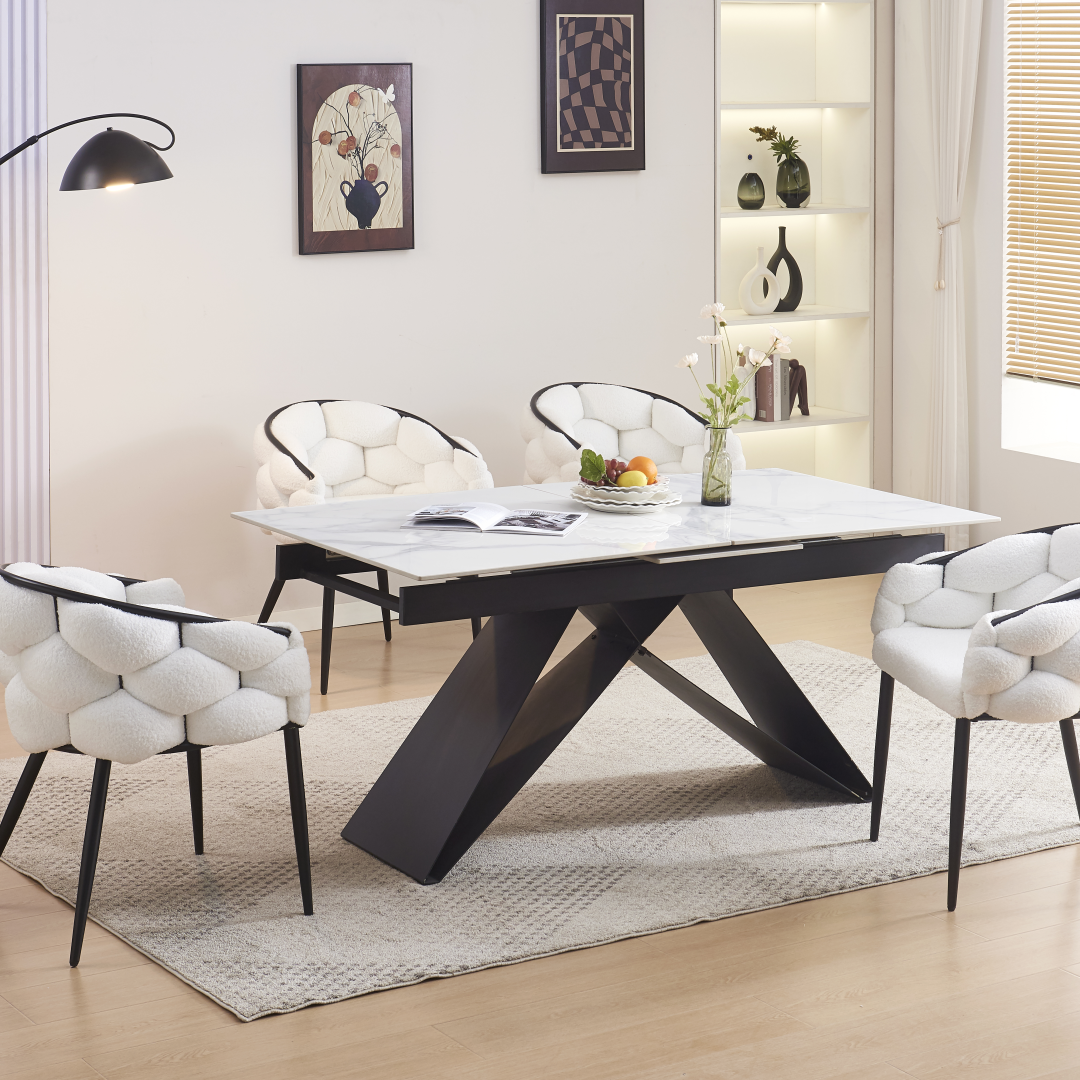 Table repas extensible GARCIA Métal Noir Marbre Blanc 160x90x75 à 200x90x75 cm