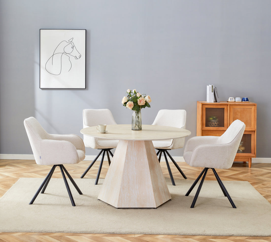 Table repas SOLAL ronde effet travertin Ø120x75 cm #couleur_beige