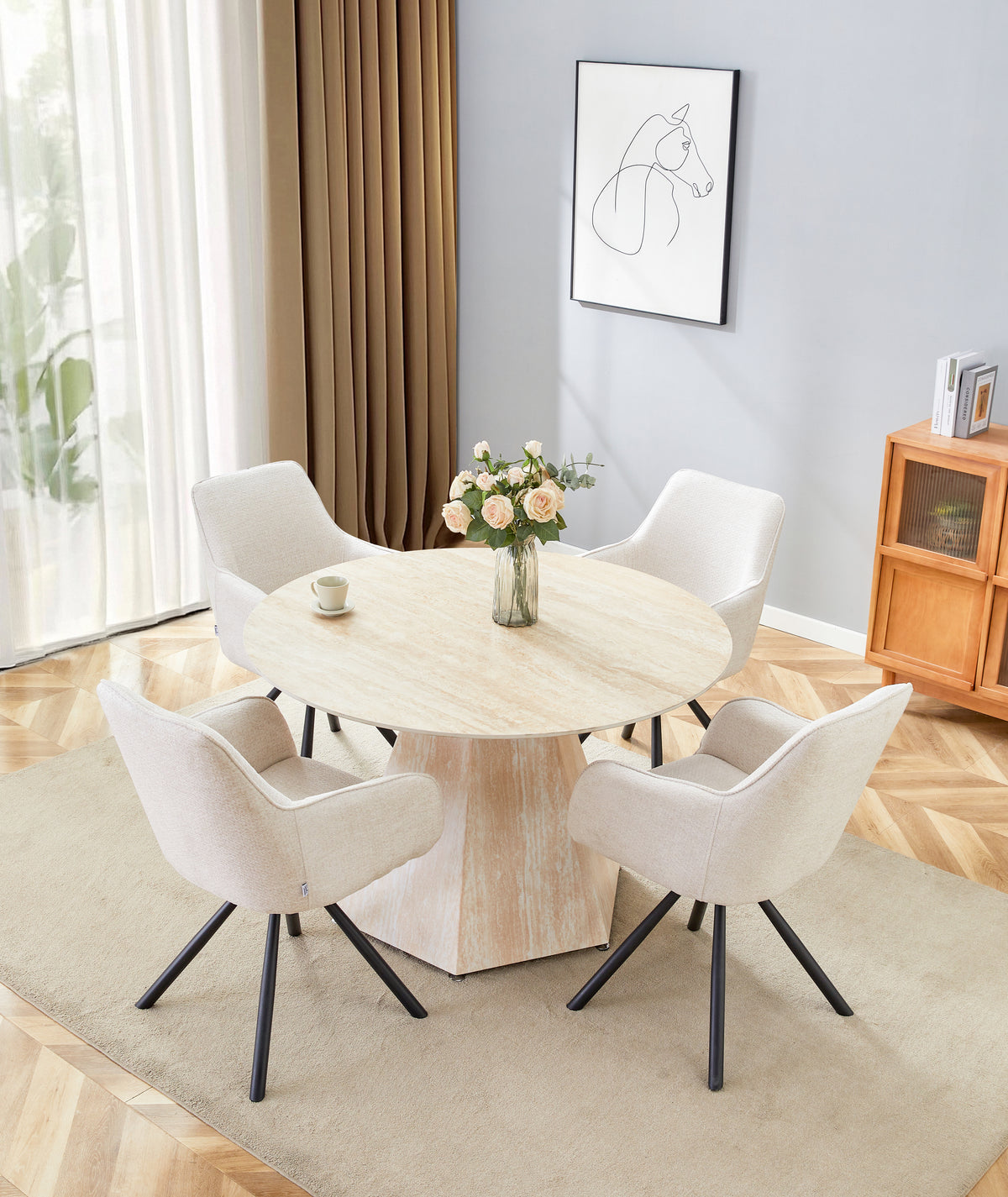 Table repas SOLAL ronde effet travertin Ø120x75 cm #couleur_beige