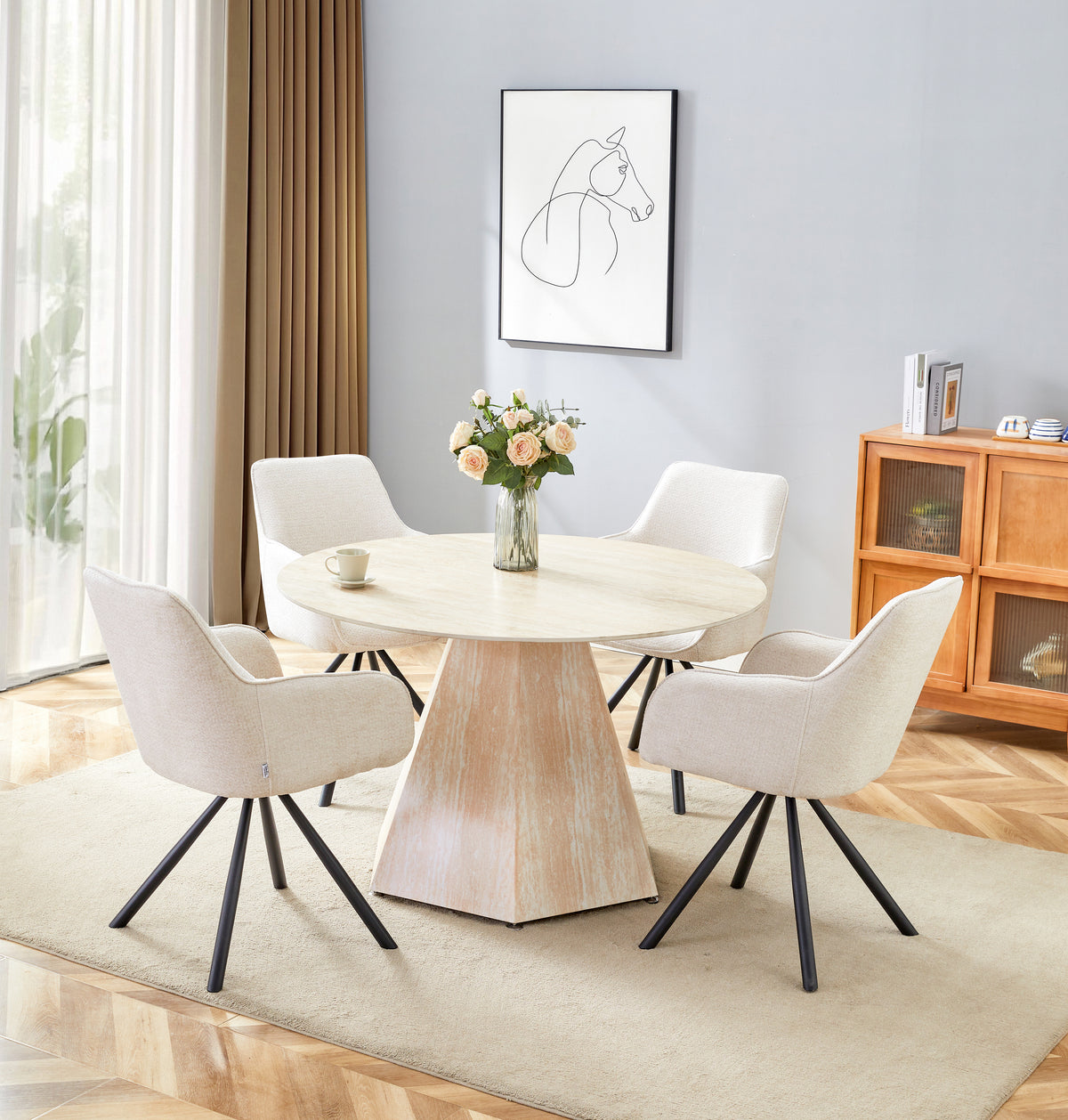 Table repas SOLAL ronde effet travertin Ø120x75 cm #couleur_beige