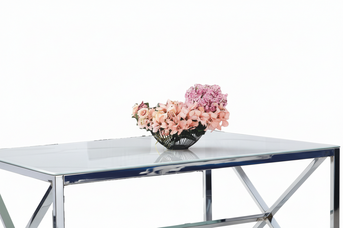 Table à Manger Chrome Verre Trempé Marbré Blanc – 150×90 cm – MAJESTIQUE