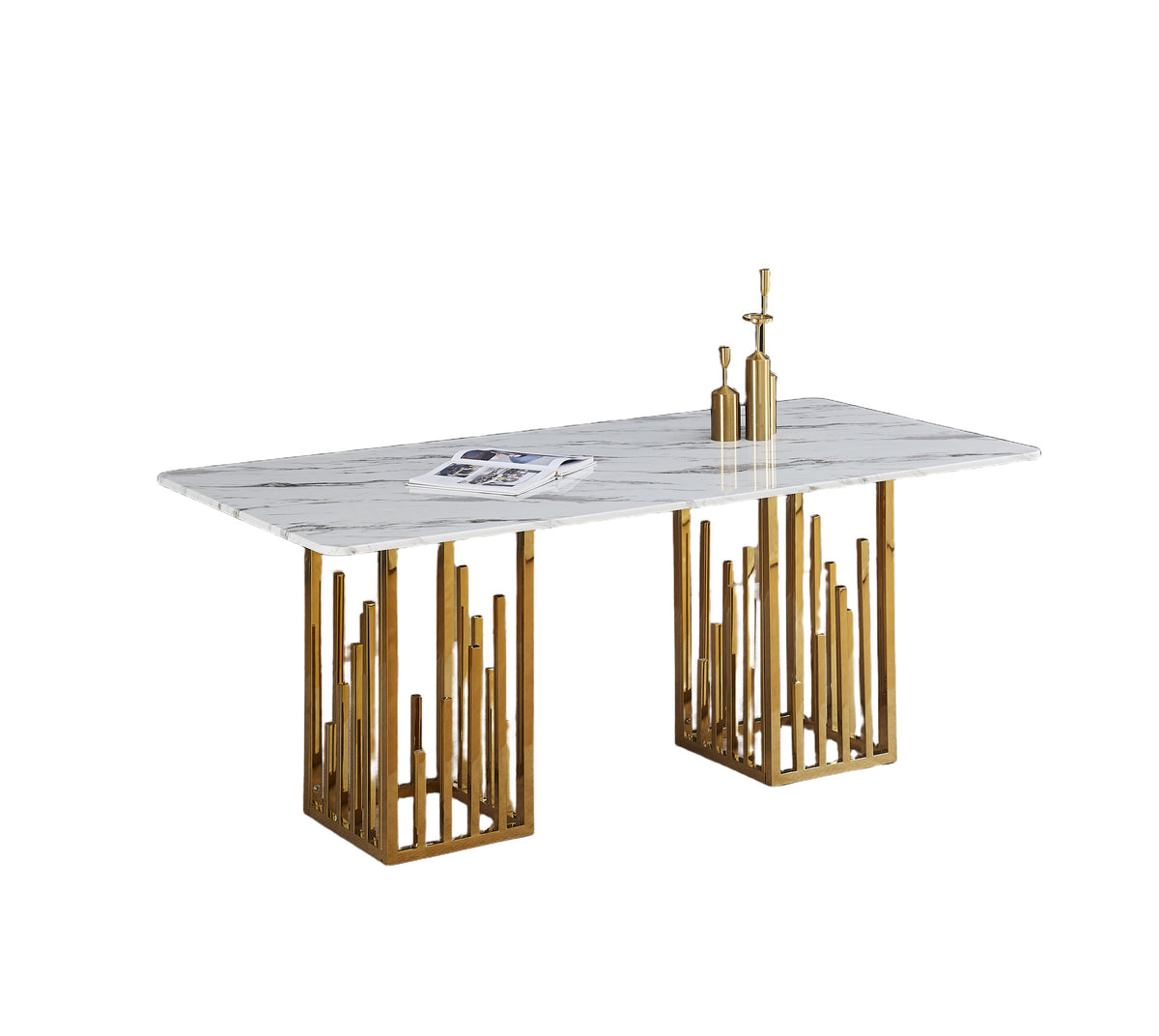 Table à Manger STALAX – Pied Gold & Pierre Marbre Blanc – 180x90x75 cm