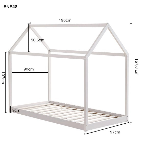 Lit cabane enfant 90x190 cm pin massif sommier à lattes inclus ROBINSON – Blanc