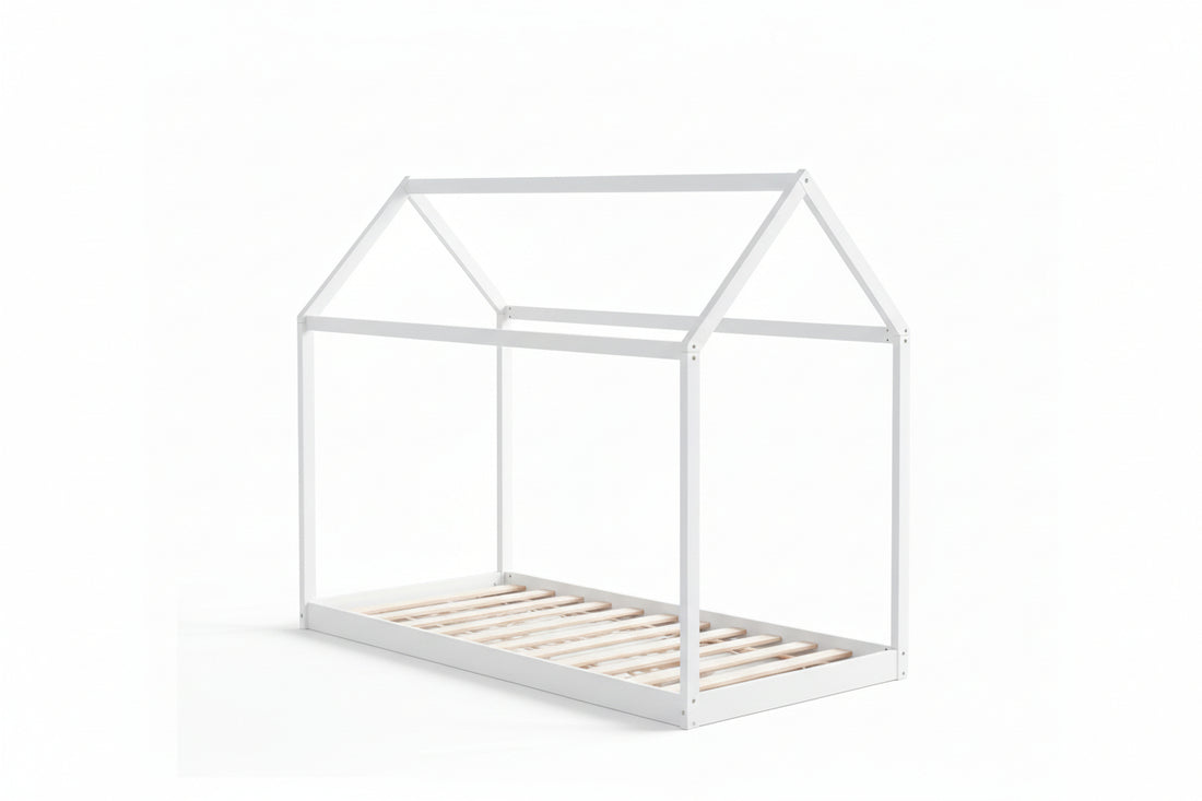 Lit cabane enfant 90x190 cm pin massif sommier à lattes inclus ROBINSON – Blanc