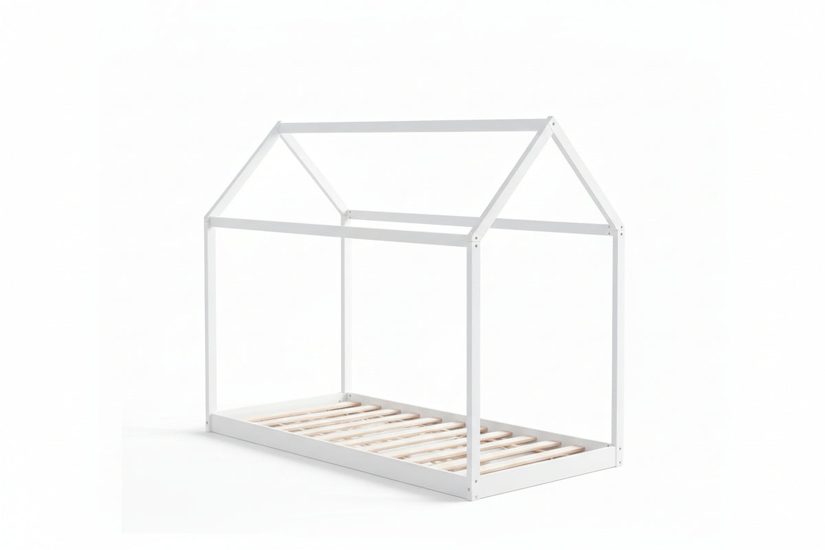 Lit cabane enfant 90x190 cm pin massif sommier à lattes inclus ROBINSON – Blanc