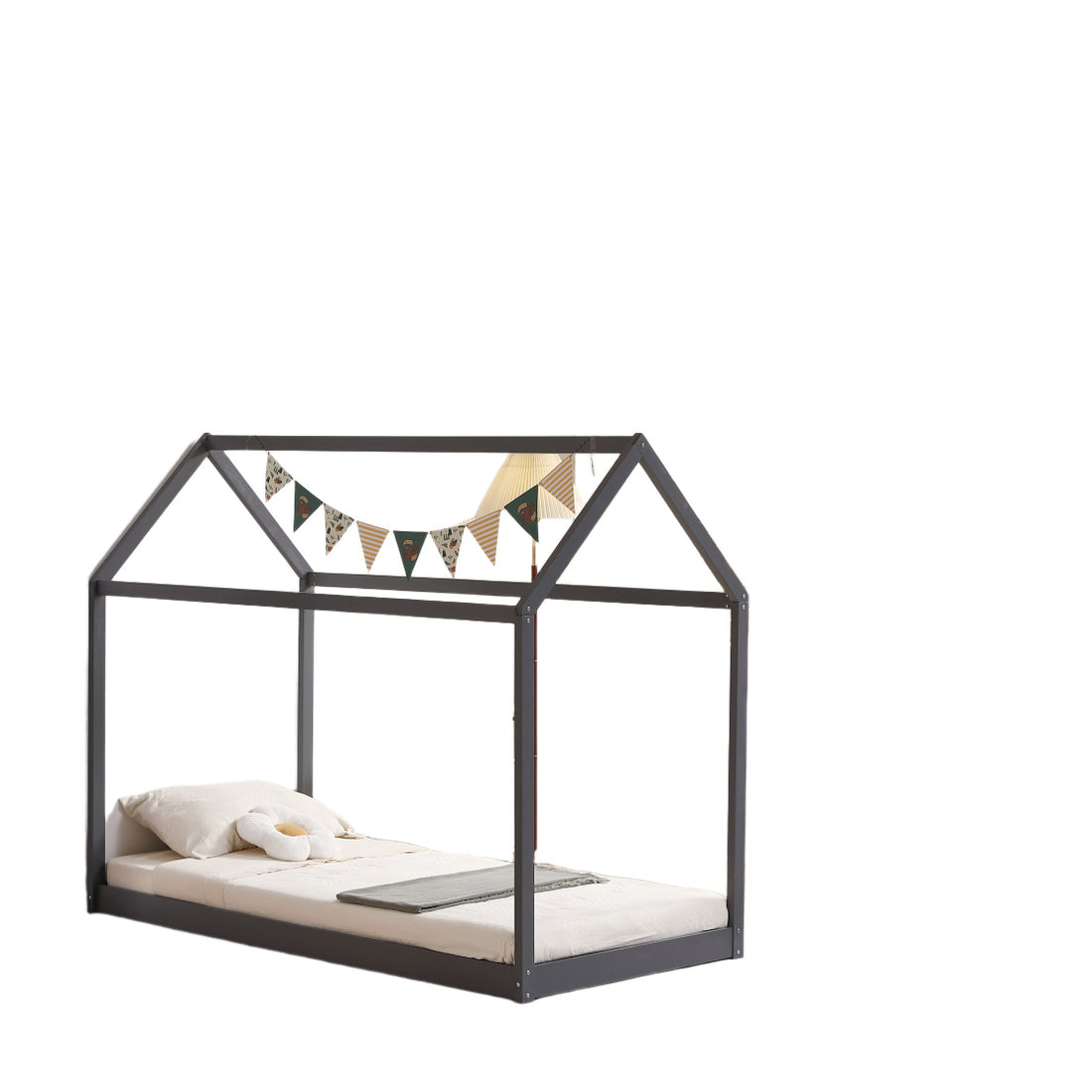Lit cabane enfant 90x190 cm pin massif sommier à lattes inclus ROBINSON – Gris