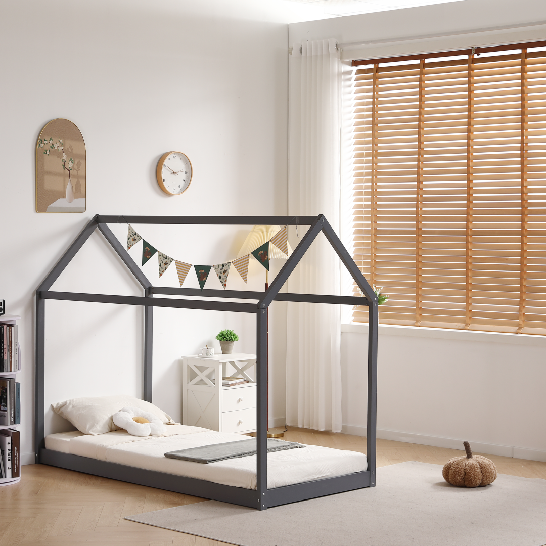 Lit cabane ROBINSON Bois 97x196x157 cm avec sommier #couleur_gris