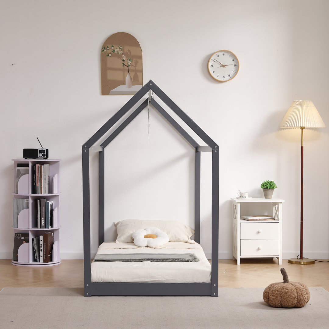 Lit cabane ROBINSON Bois 97x196x157 cm avec sommier #couleur_gris
