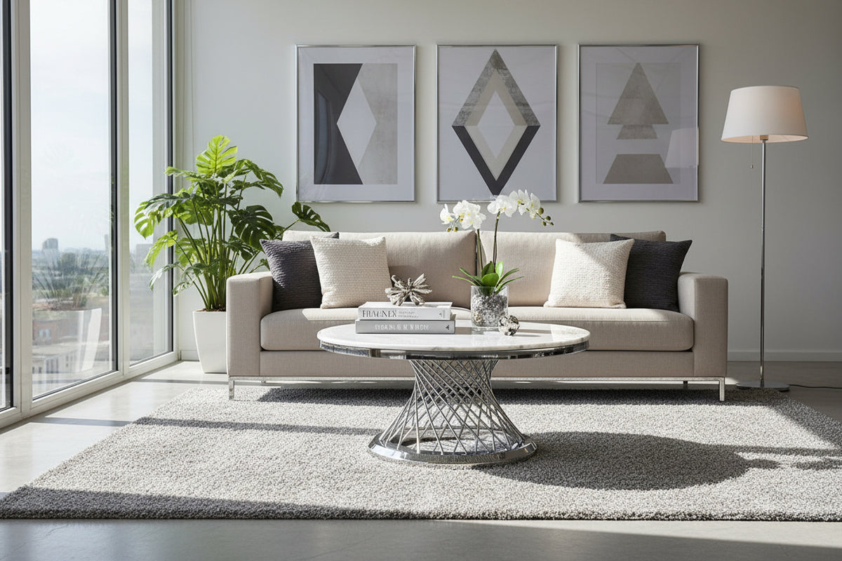 Table Basse Ronde Verre Marbré Blanc & Chrome  - DELUXE Ø 100 cm