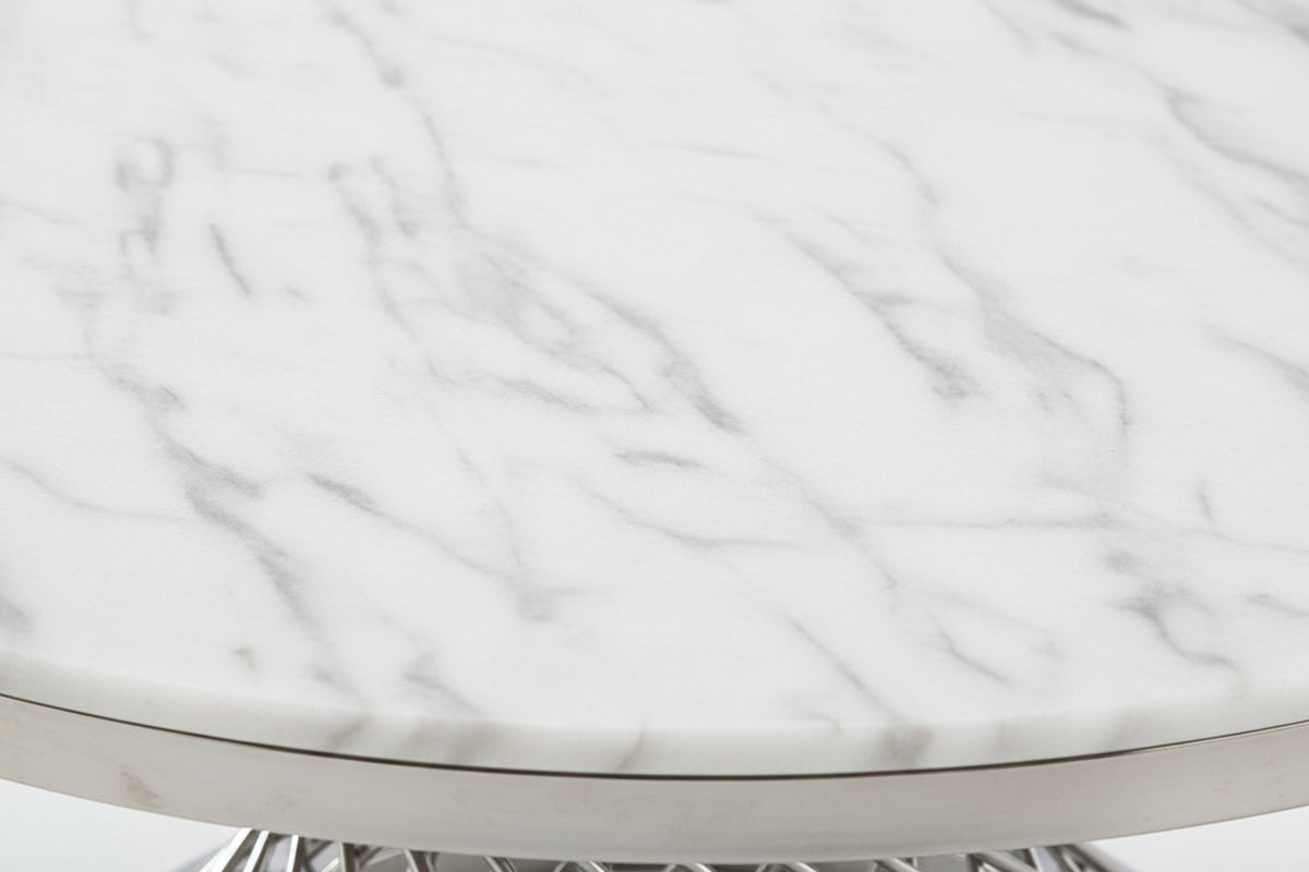 Table Basse Ronde Verre Marbré Blanc & Chrome  - DELUXE Ø 100 cm