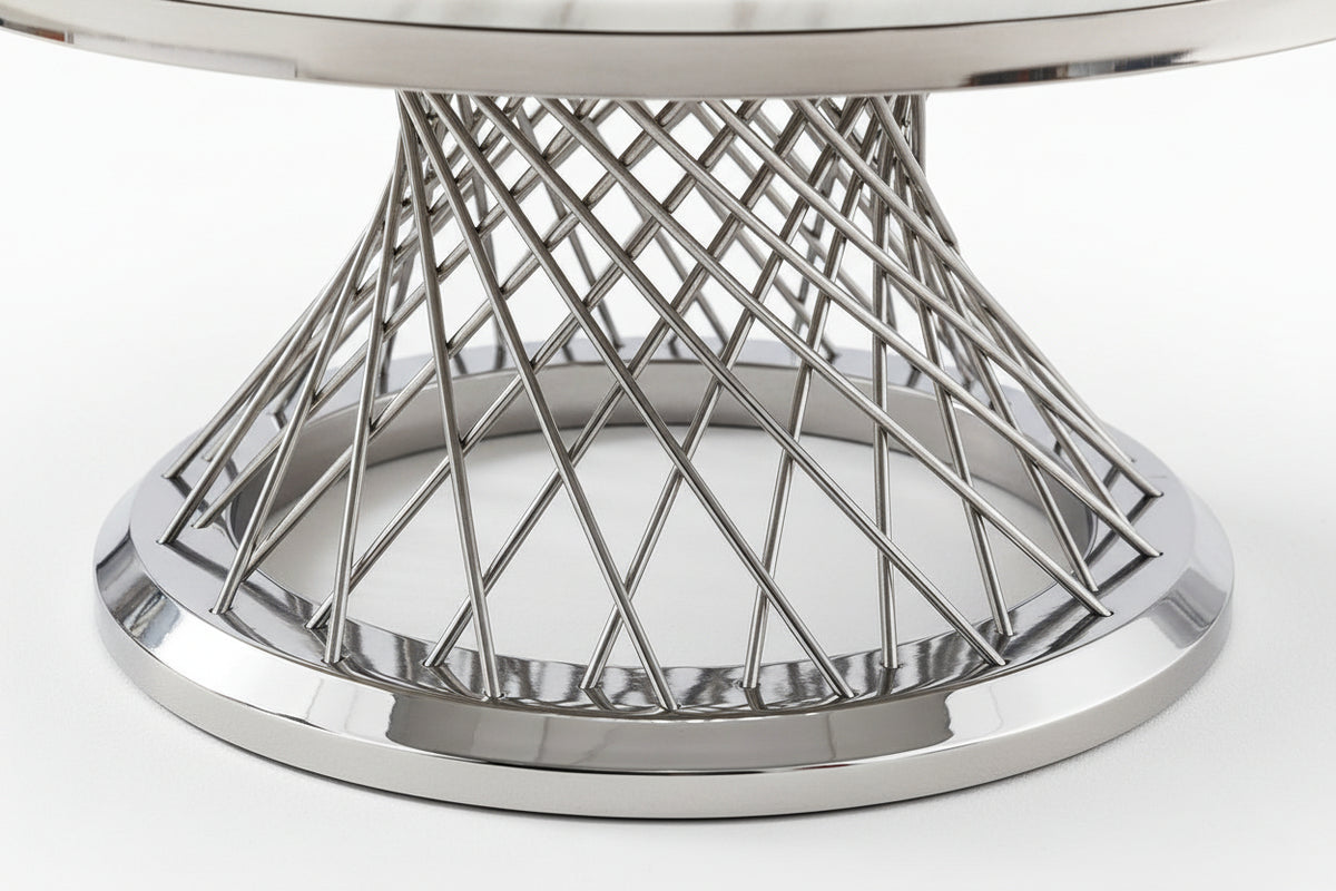 Table Basse Ronde Verre Marbré Blanc & Chrome  - DELUXE Ø 100 cm