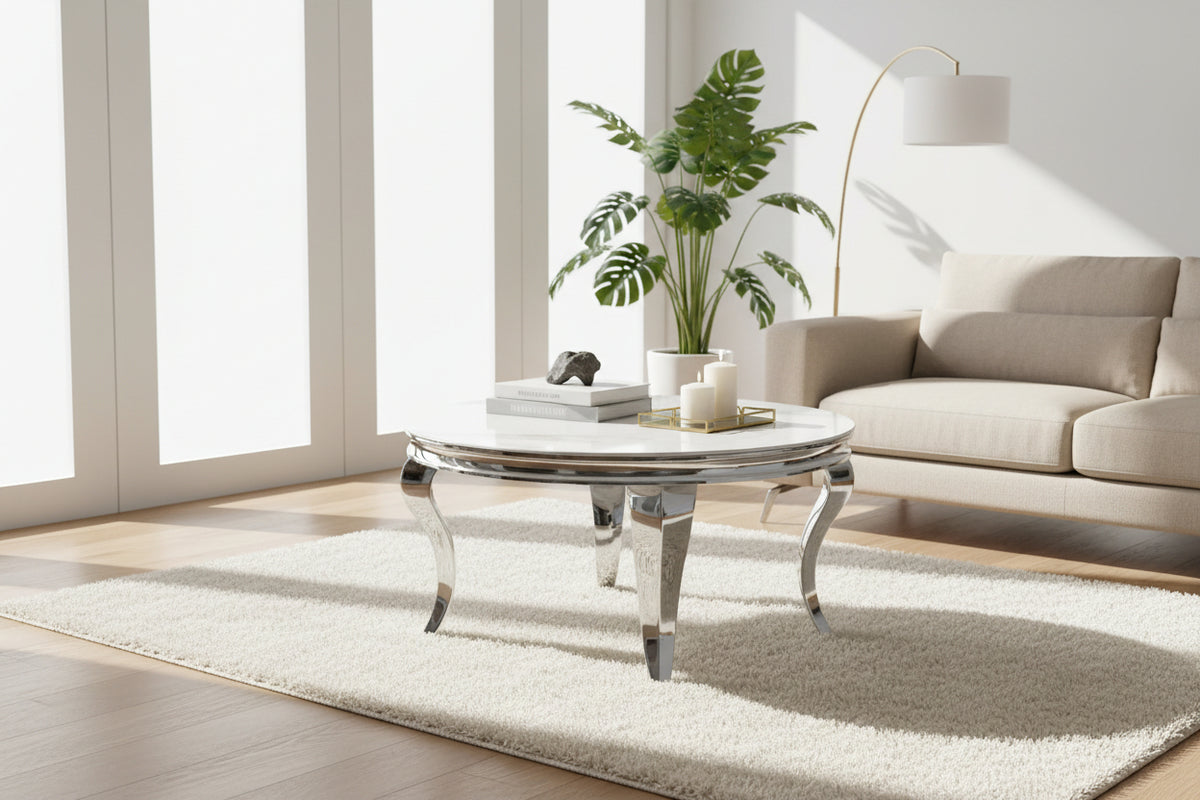 Table Basse BAROQUE Ronde Plateau Verre Trempé Marbré Blanc Structure Chrome D80x45cm