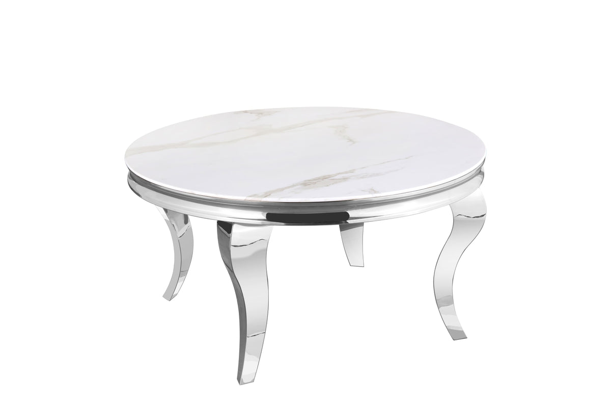 Table Basse BAROQUE Ronde Plateau Verre Trempé Marbré Blanc Structure Chrome D80x45cm