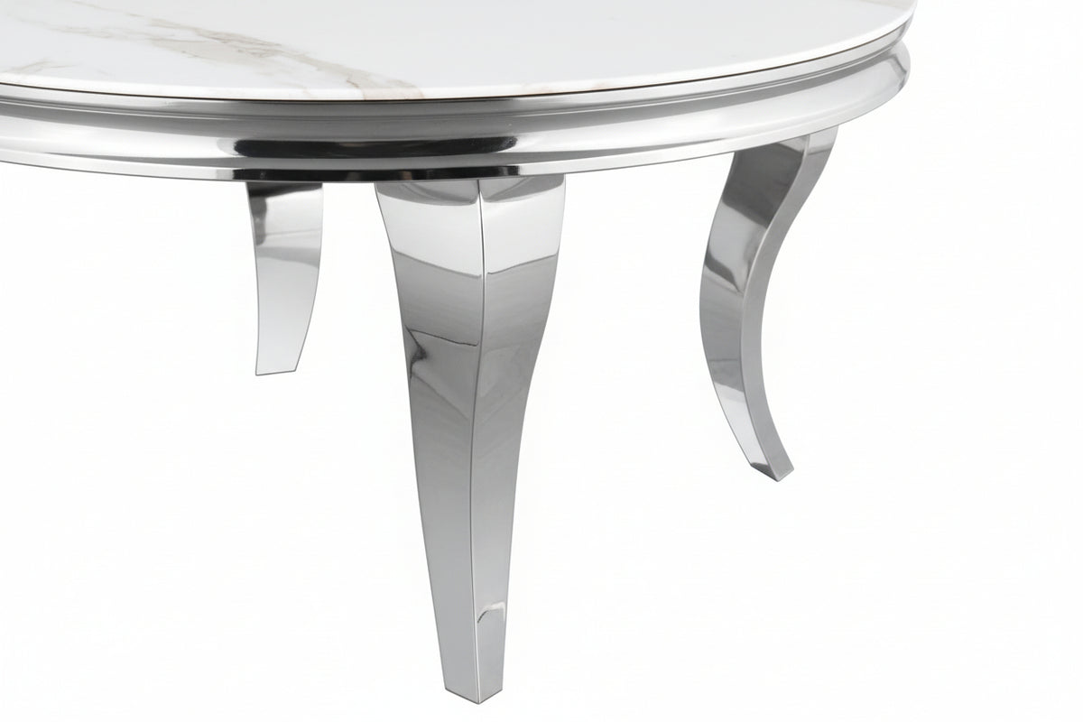 Table Basse BAROQUE Ronde Plateau Verre Trempé Marbré Blanc Structure Chrome D80x45cm