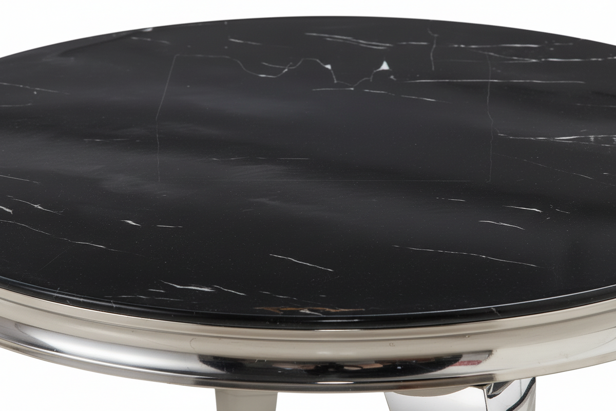 Table Basse BAROQUE Ronde Plateau Verre Trempé Marbré Noir Structure Chrome D80x45cm