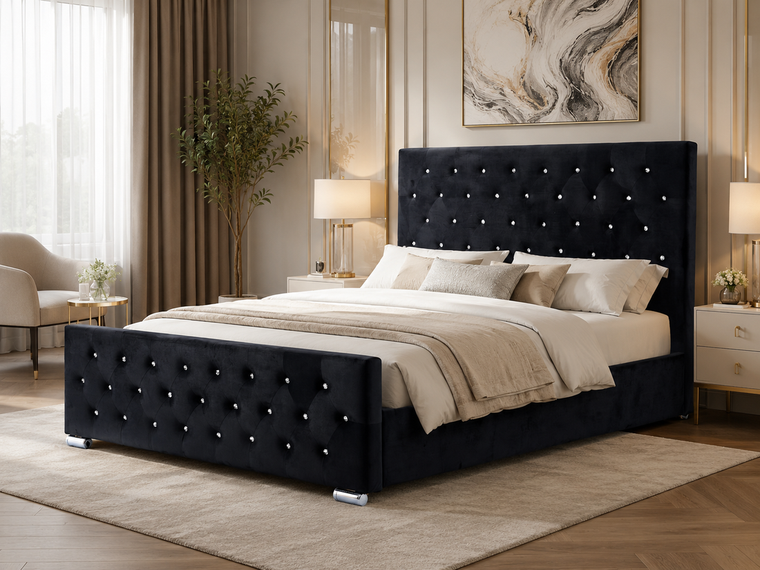 Lit PRESTIGE 2 places 140x190 cm velours noir sommier inclus PRESTIGE #couleur_noir