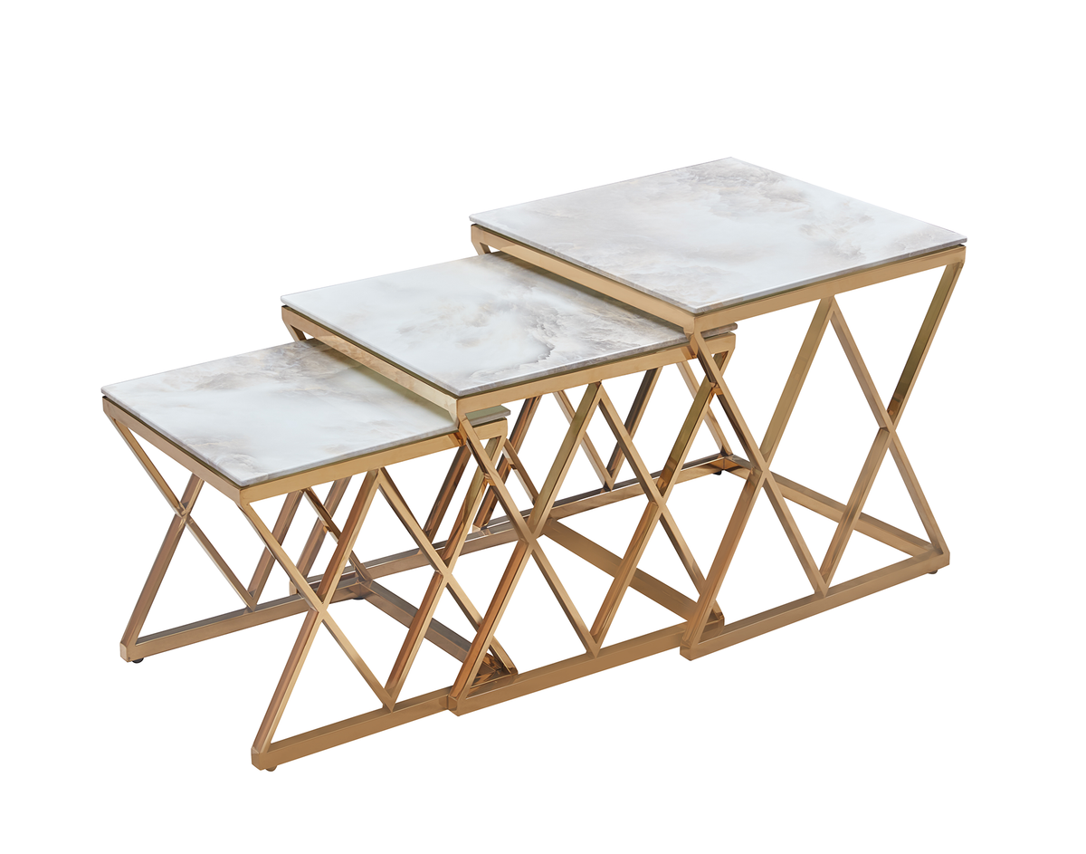 Lot de 3 tables gigognes guéridon marbre blanc métal doré triangles salon POP