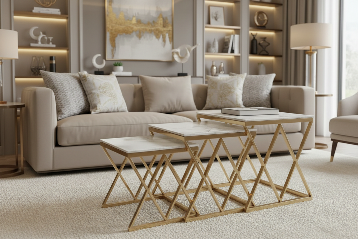 Lot de 3 tables gigognes guéridon marbre blanc métal doré triangles salon POP