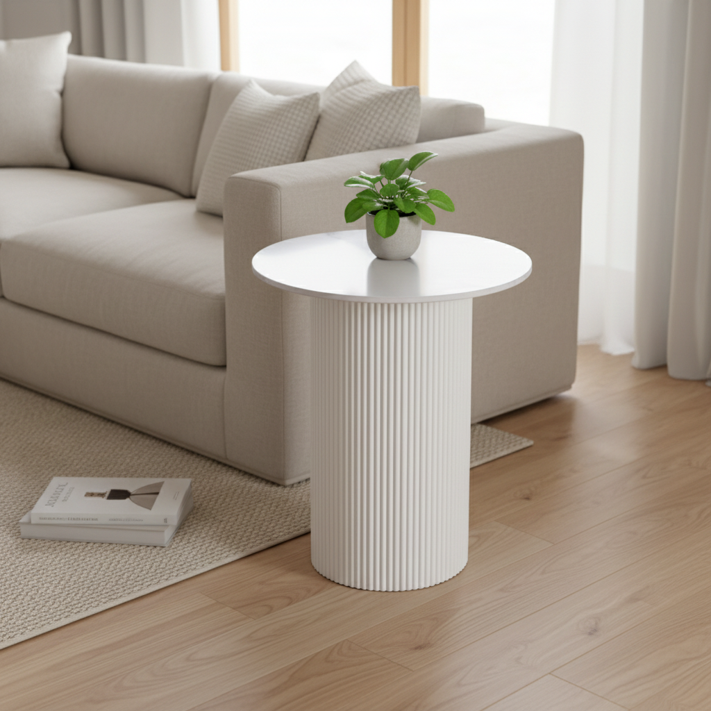 Guéridon bout de canapé rond marbre blanc pied beige #couleur_marbre_blanc