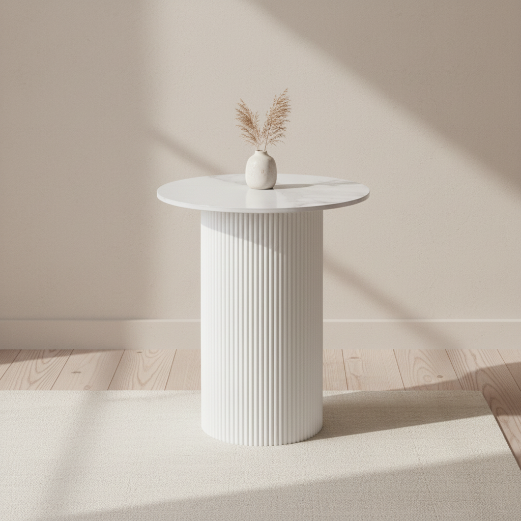 Guéridon bout de canapé rond marbre blanc pied beige #couleur_marbre_blanc