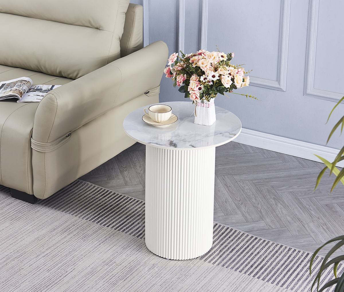Guéridon bout de canapé rond marbre gris pied blanc
