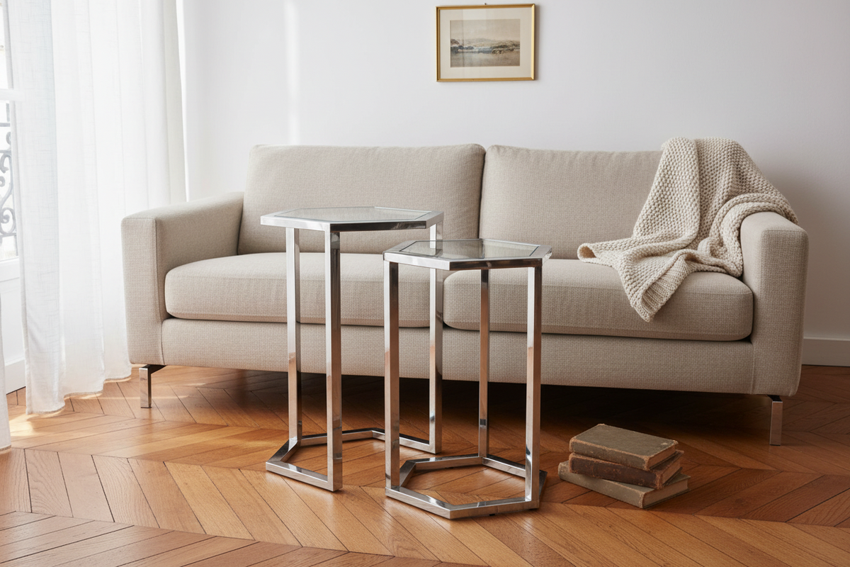 Set de 2 guéridons gigognes métal plateau verre trempé | forme hexagonale #couleur_transparent