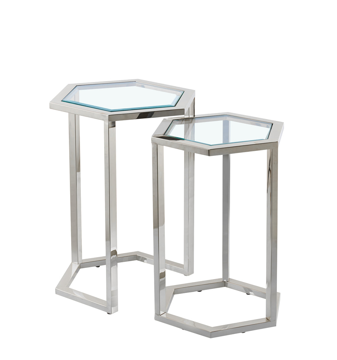 Set de 2 guéridons gigognes métal plateau verre trempé | forme hexagonale #couleur_transparent
