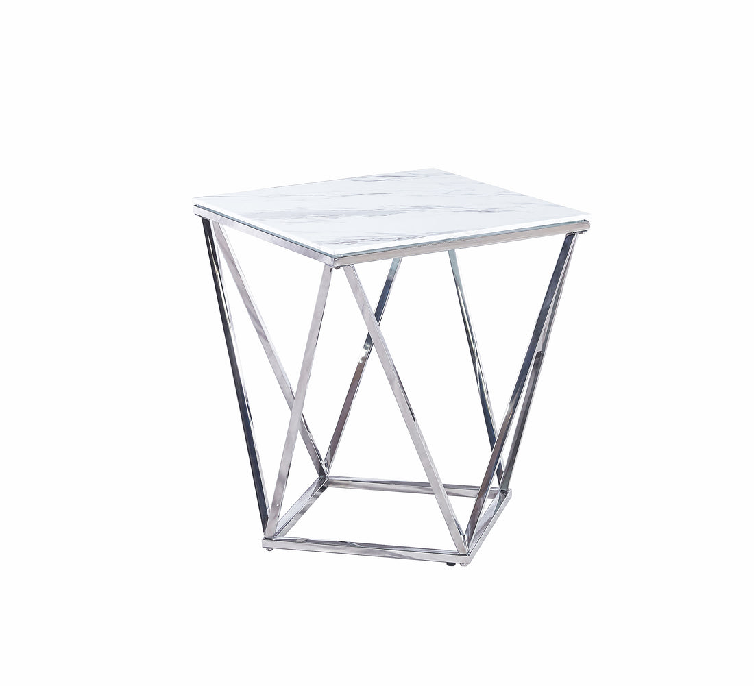 Bout de Canapé ALINA Chrome & Marbre Blanc – 50x50x56 cm #couleur_marbre_blanc