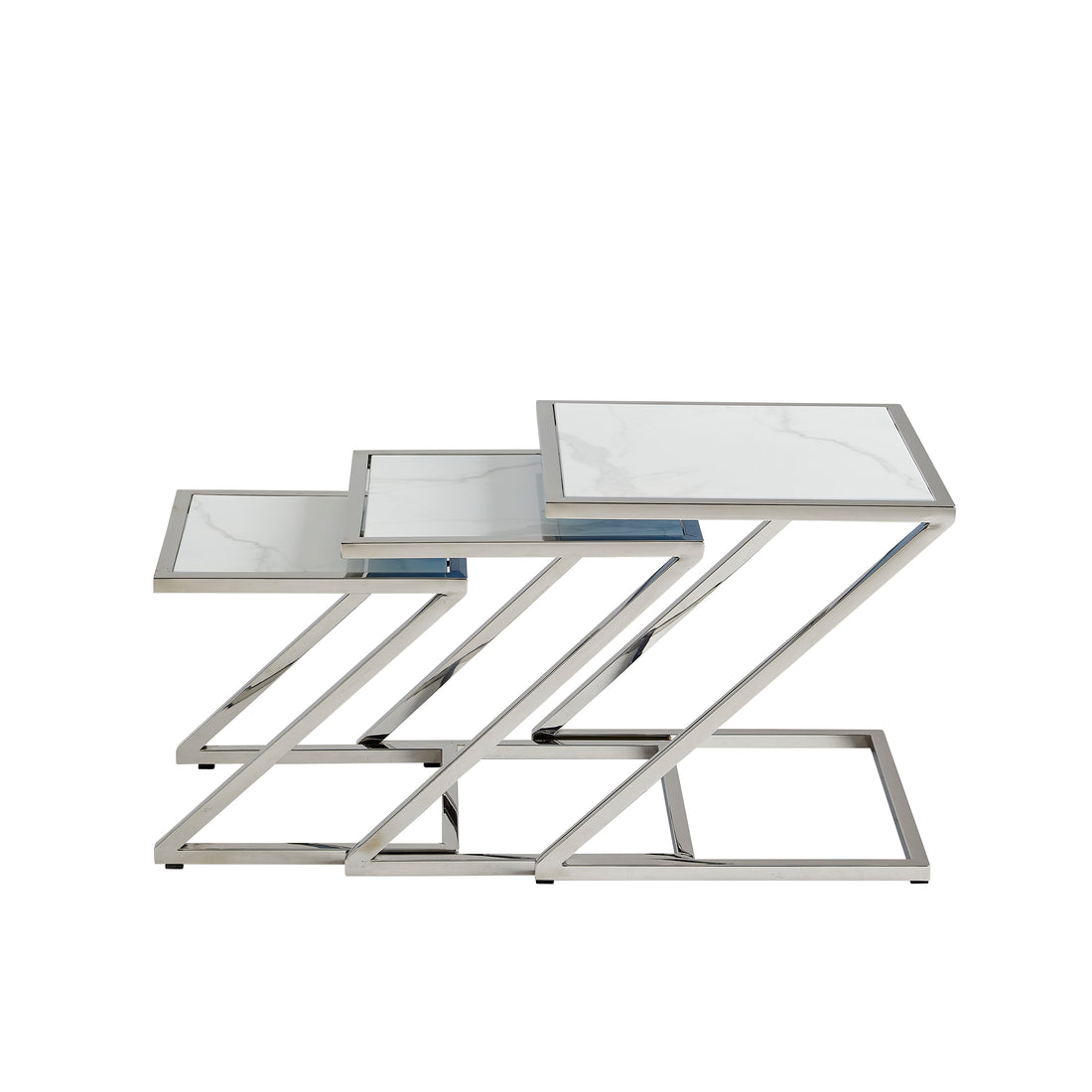 Guéridon Gigogne Z Chrome & Céramique Marbre Blanc – 45x45 / 40x40 / 35x35 cm #couleur_marbre_blanc