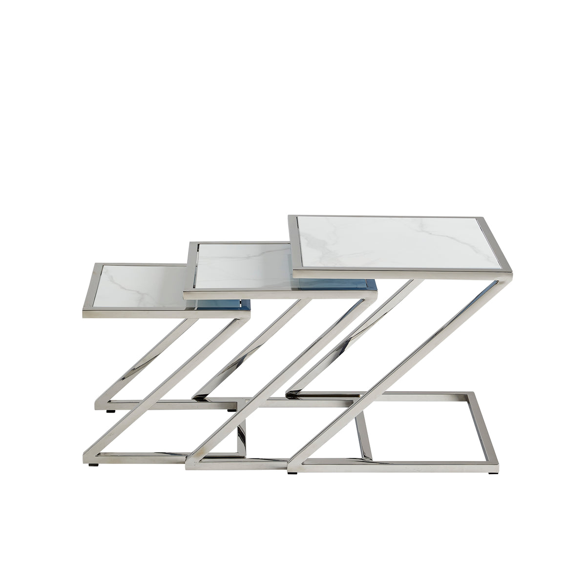 Guéridon Gigogne Z Chrome & Céramique Marbre Blanc – 45x45 / 40x40 / 35x35 cm #couleur_marbre_blanc