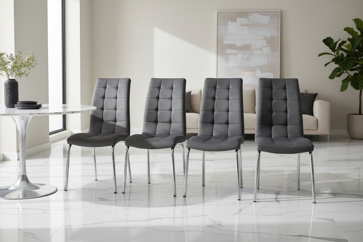 Lot 6 chaises salle à manger velours gris capitonné pieds chromés - Emma #couleur_gris