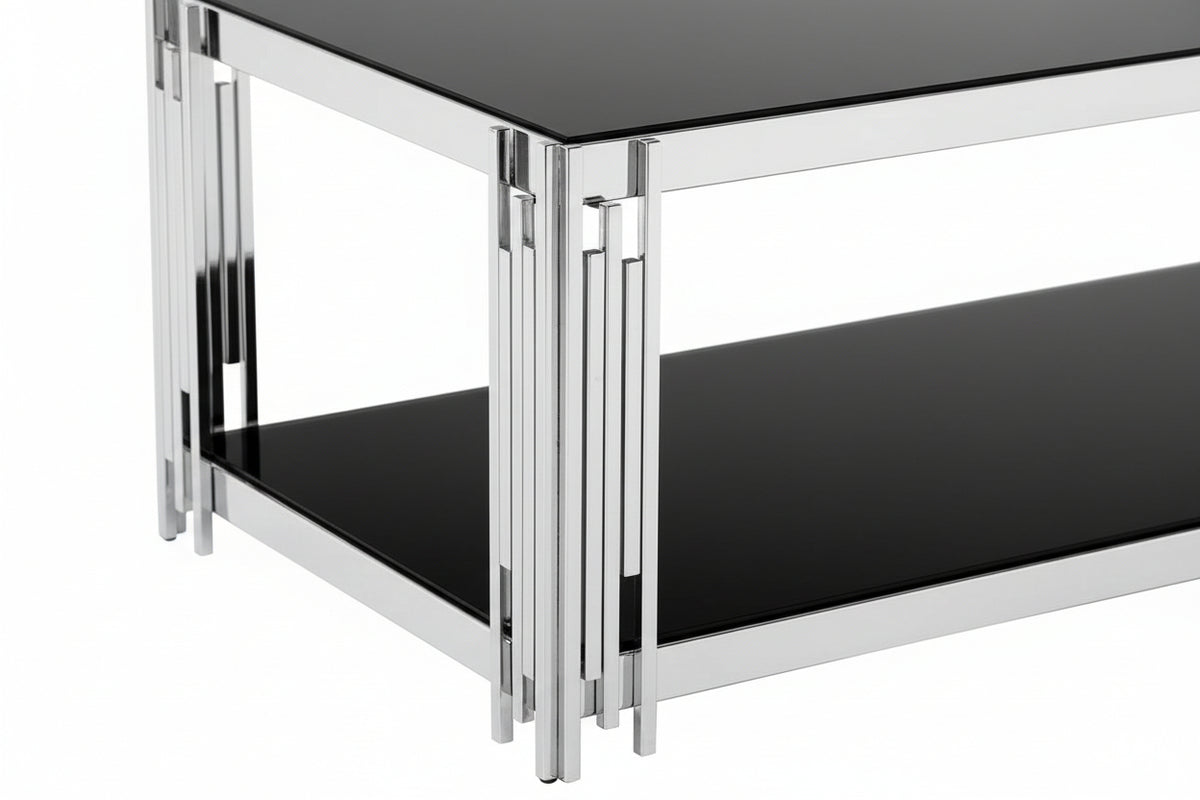 Table Basse FLUTE Rectangle Double Plateau Verre Trempé Noir Structure Chrome 120x60x45cm