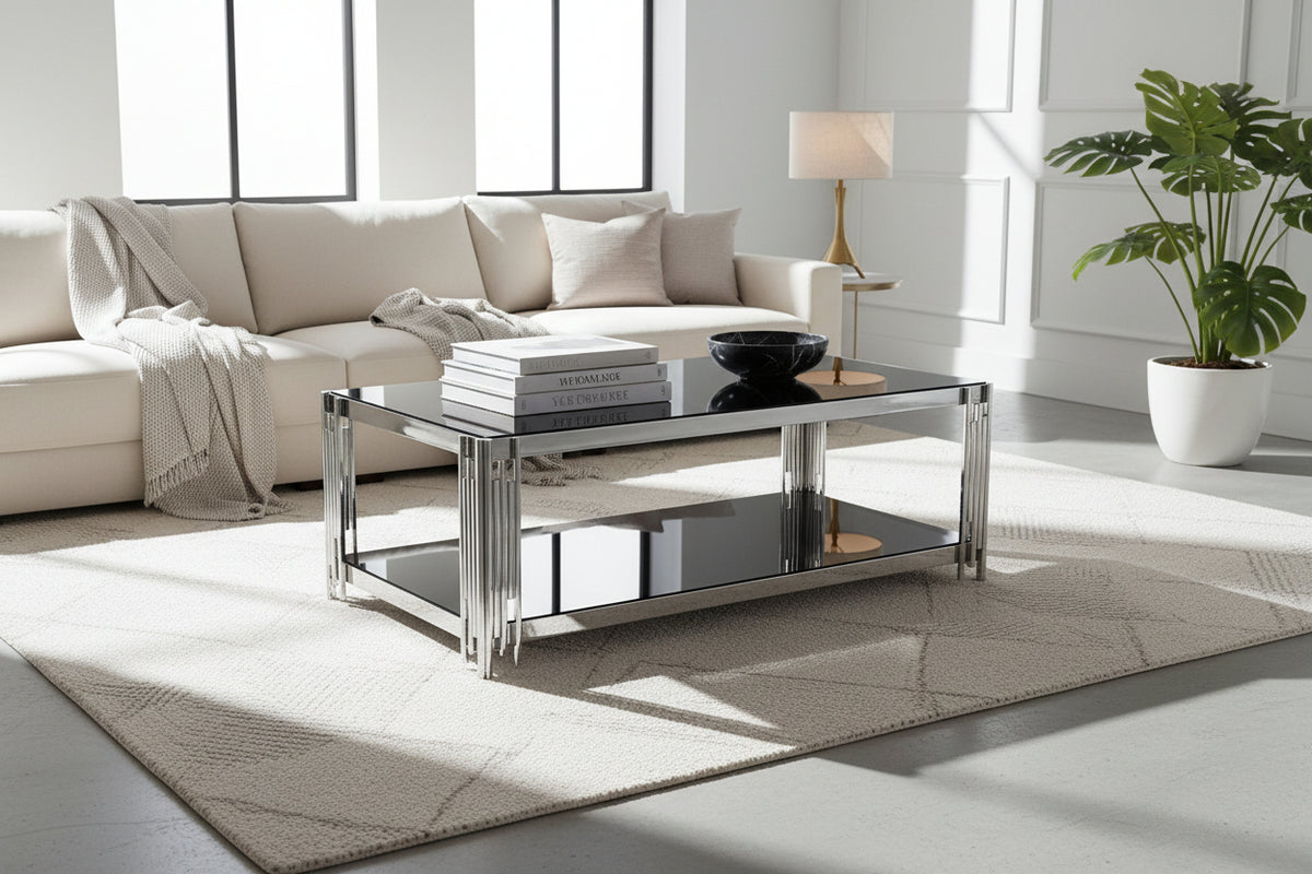 Table Basse FLUTE Rectangle Double Plateau Verre Trempé Noir Structure Chrome 120x60x45cm