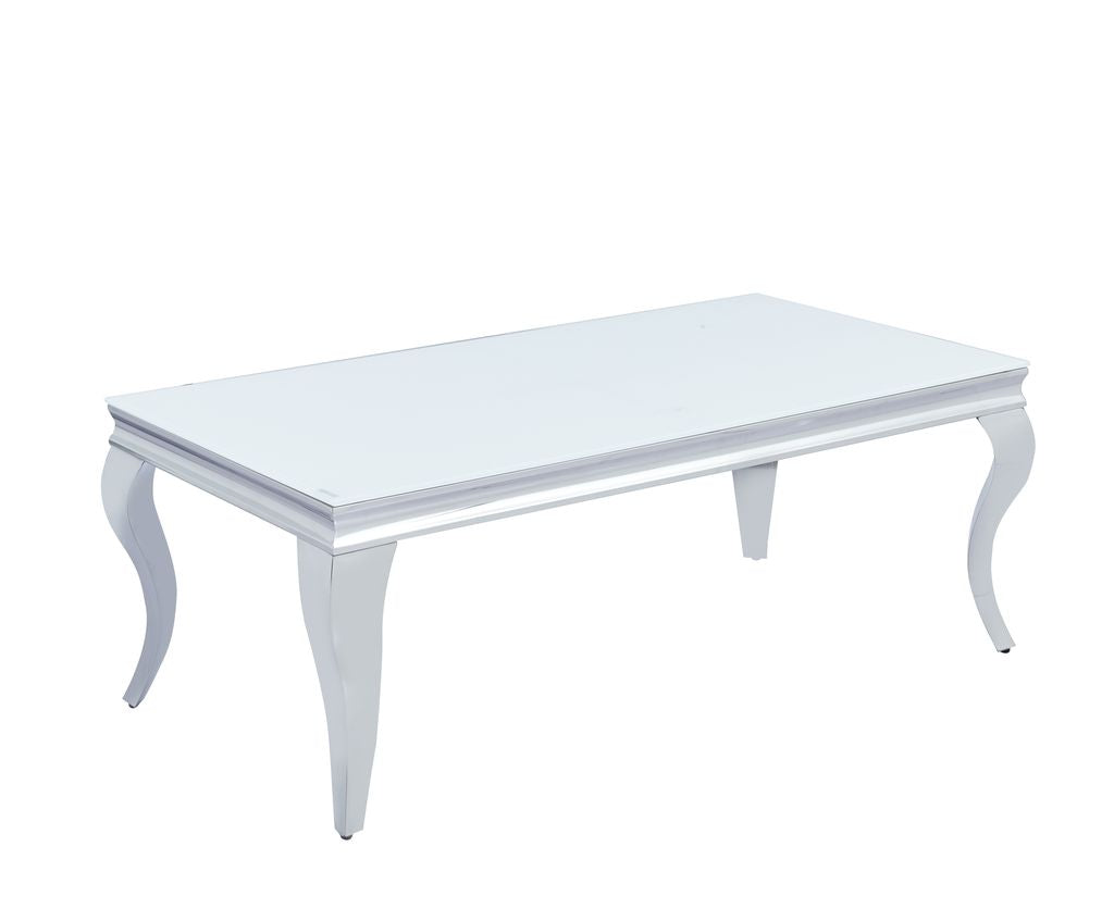 Table Basse BAROQUE Rectangle Plateau Verre Trempé Blanc Pieds Chrome 120x60x45cm