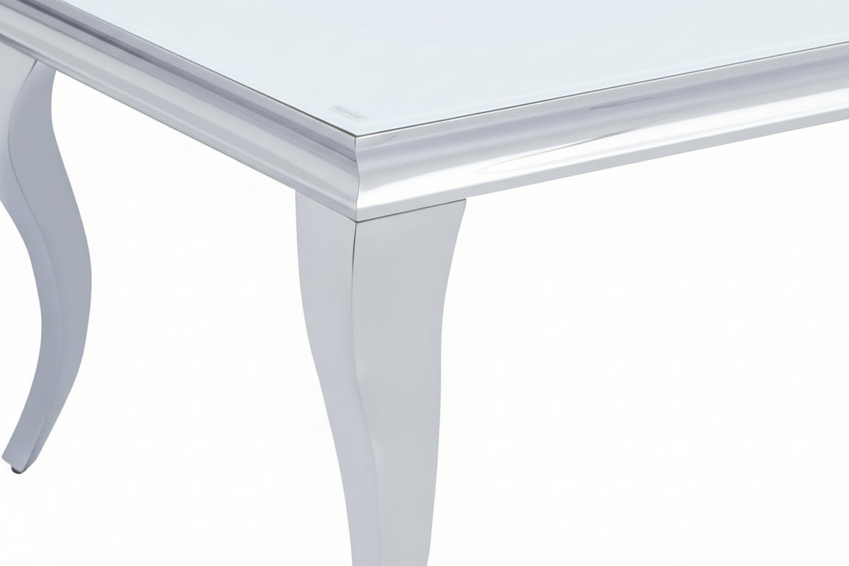 Table Basse BAROQUE Rectangle Plateau Verre Trempé Blanc Pieds Chrome 120x60x45cm