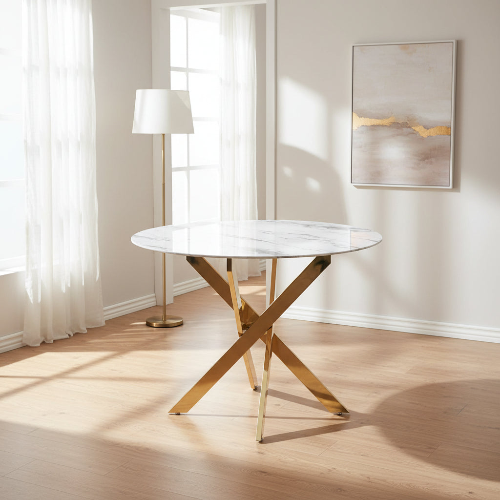 Table à manger ronde JESSICA MARBRE BLANC  pieds Gold 100 cm 4 couverts