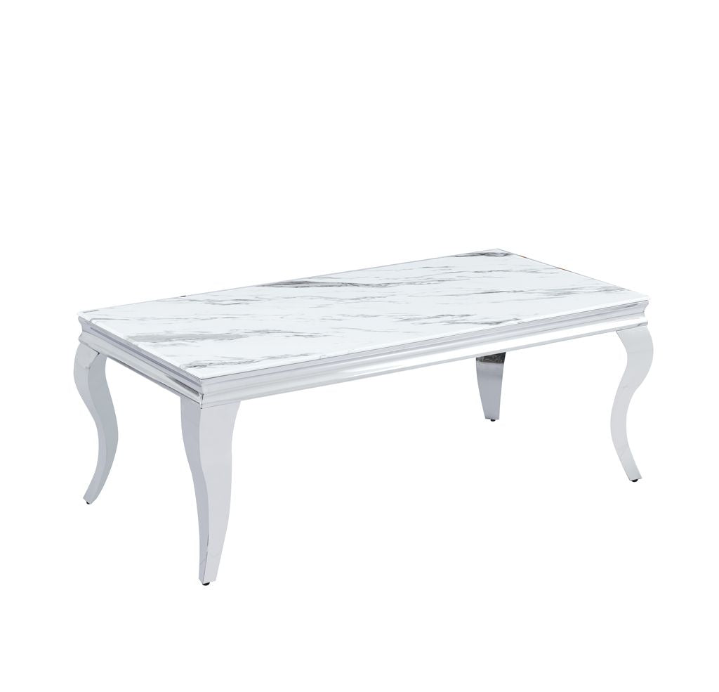 Table Basse BAROQUE Rectangle Plateau Verre Trempé Marbré Blanc Pieds Chrome 120x60x45cm