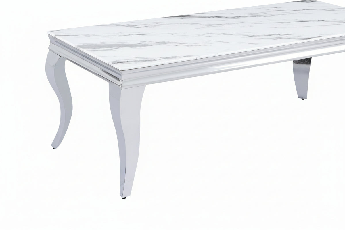 Table Basse BAROQUE Rectangle Plateau Verre Trempé Marbré Blanc Pieds Chrome 120x60x45cm