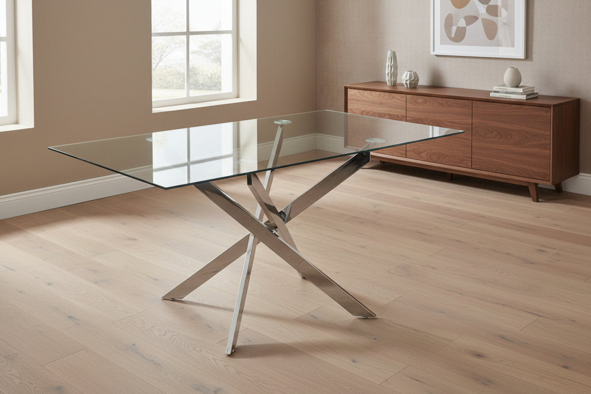 Table Repas JESSICA Chrome et plateau en verre 150 cm 4 à 6 couverts transparent #couleur_transparent