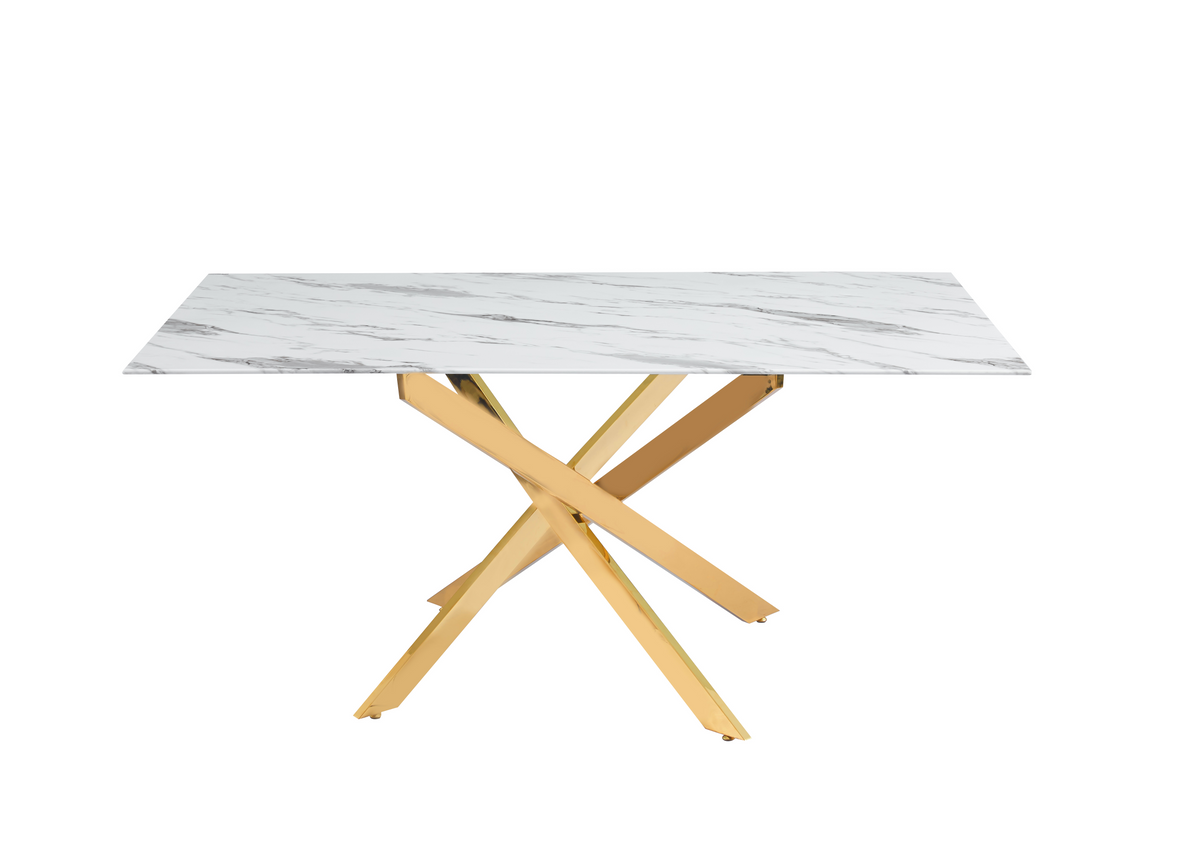 Table Repas JESSICA Gold et plateau en verre 150 cm 4 à 6 couverts - Effet marbré blanc
