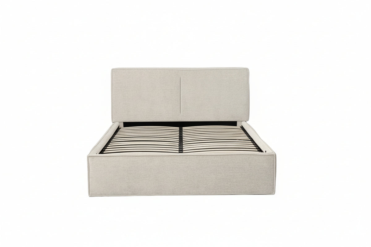 Lit coffre double tissu chenille beige sommier relevable 160x200 cm OLIVIA