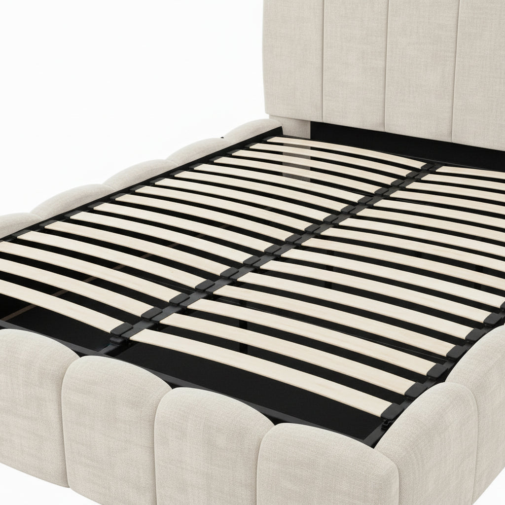Lit Coffre 160x200 cm – Tissu Chenille Beige, Sommier à Lattes Inclus