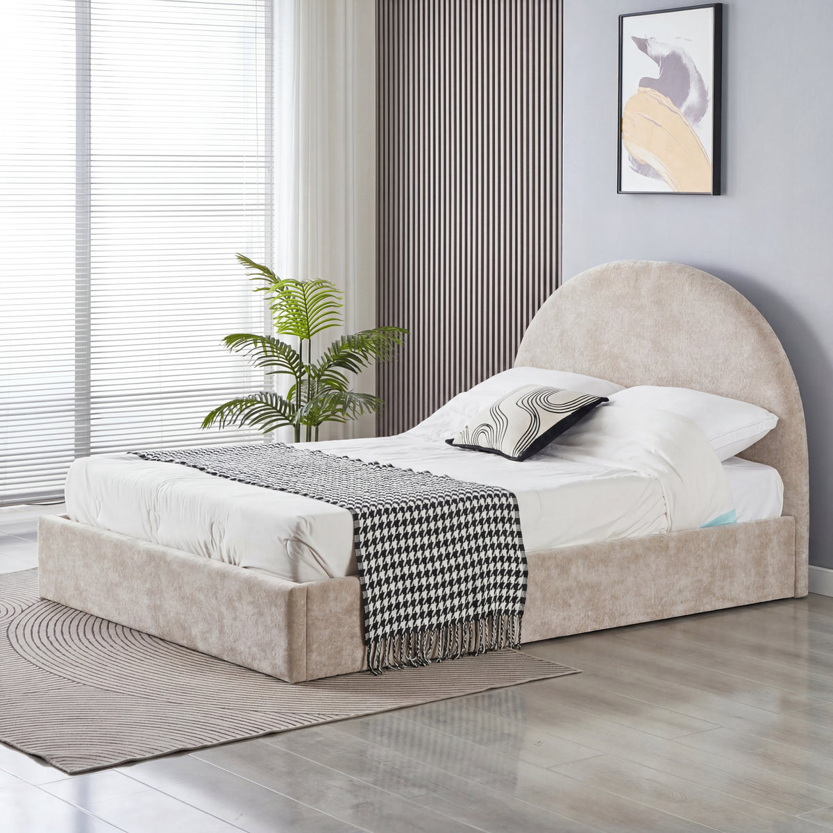Lit coffre 140x190 beige tête de lit arrondie sommier inclus #couleur_doudou