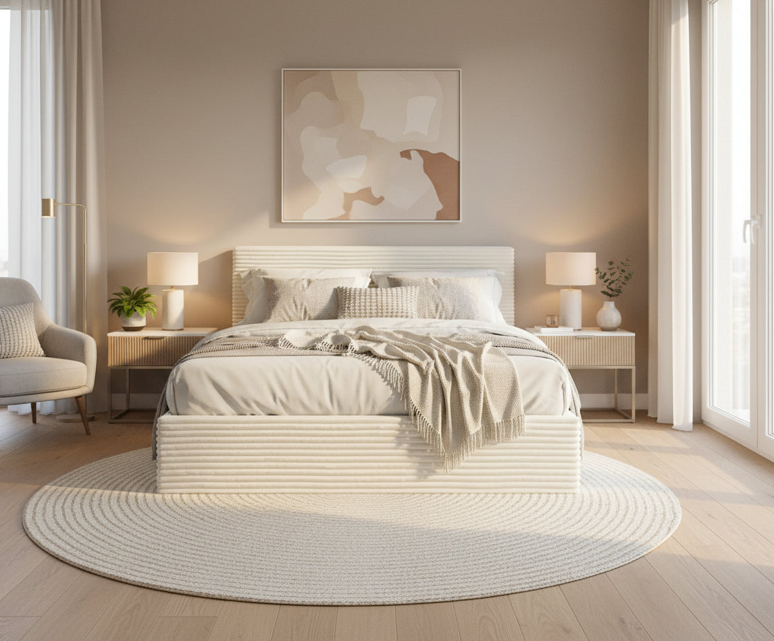 Lit Coffre 160x200cm Velours Côtelé Écru avec Sommier MAIA